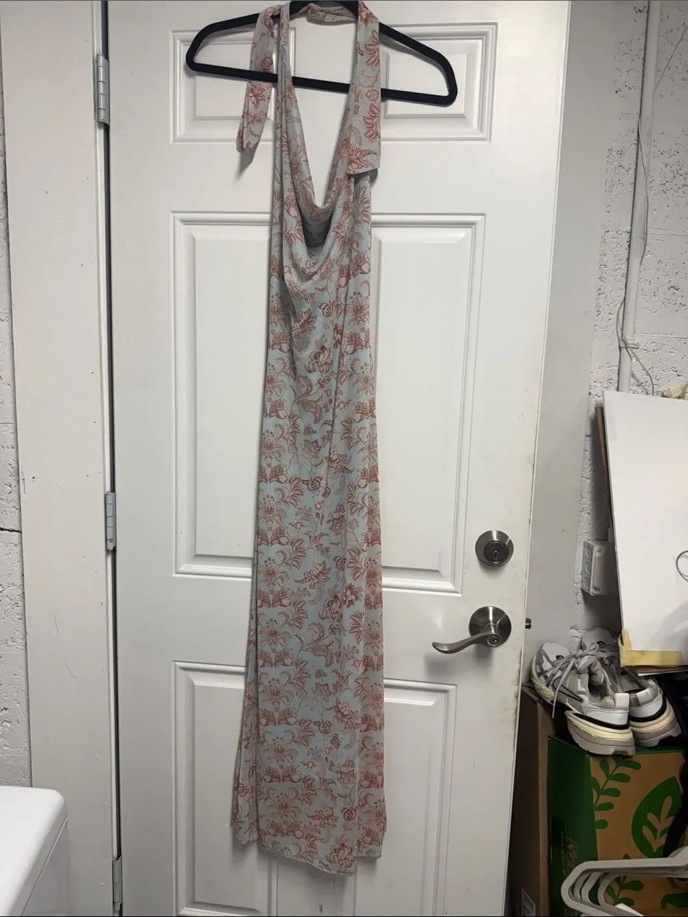 Halter Floral Maxi Dress in Light Blue & Rust SEE YOU MONDAY Size XS - NEW Tags